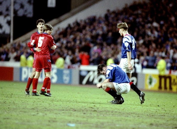 1993:  Ally McCoist of Rangers is inconsolable in defeat after a Champions League match against CSKA Moscow at Ibrox Stadium in Glasgow, Scotland. ...