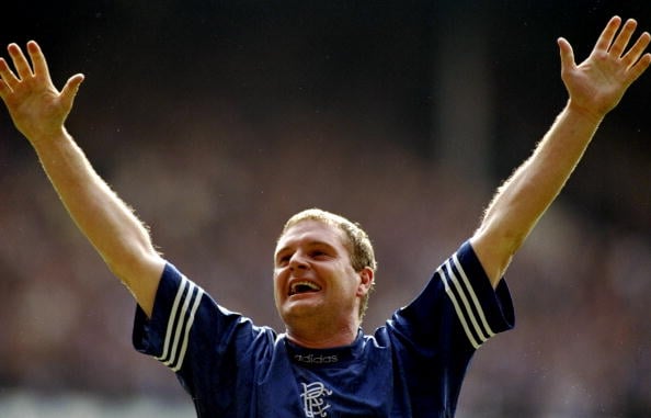 28 Apr 1996:  Paul Gascoigne of Rangers salutes the crowd during a match against Aberdeen at Ibrox Stadium in Glasgow, Scotland.  Mandatory Credit:...