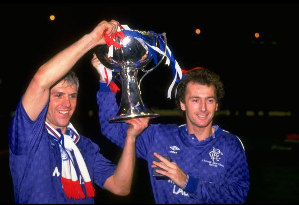 1988:  Graham Roberts (left) and Trevor Francis (right) both of Rangers  hold the trophy aloft after their victory in the Skol Cup Final against Ab...