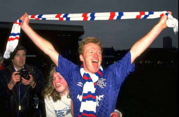 Apr 1990:  Mo Johnston of Rangers celebrates victory after the Premier League match against Dundee at Tannadice Park in Dundee, Scotland. Rangers w...