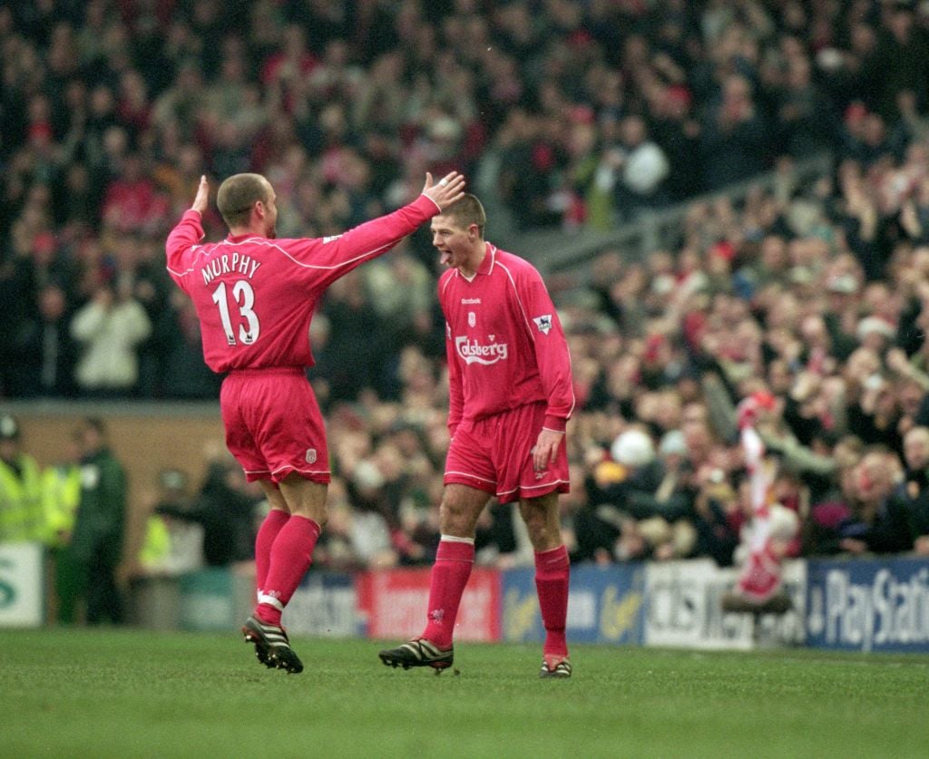 23 Dec 2000:  Danny Murphy (left) of Liverpool celebrates with Steven Gerrard (right) of Liverpool during the FA Carling Premiership match against ...