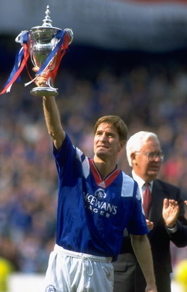 8 May 1993:  Richard Gough of Rangers holds the trophy aloft after their victory over Dundee United in the Scottish Premier Division match secures ...
