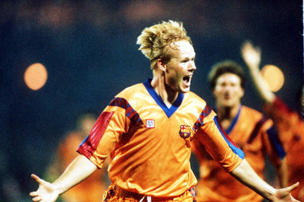 May 1992:  Ronald Koeman celebrates after scoring for Barcelona during the European Cup Final between Barcelona v Sampdoria. Barcelona won 1-0. Man...