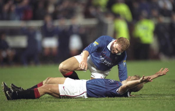 20 Dec 1997:  Gorden Durie of Rangers is congratulated by his teammate Jorg Albertz on scoring a hat trick during the Scottish Premier League match...