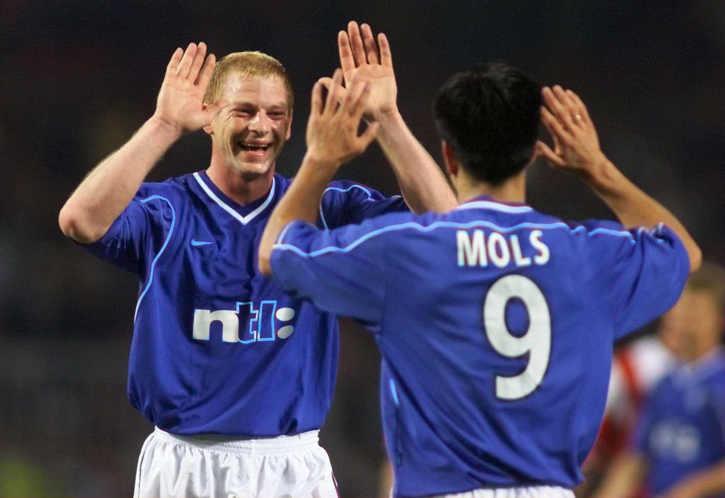 28 Sep 1999:  Jorg Albertz of Rangers celebrates scoring against PSV with Michael Mols during the Champions League match between PSV Eindhoven and ...