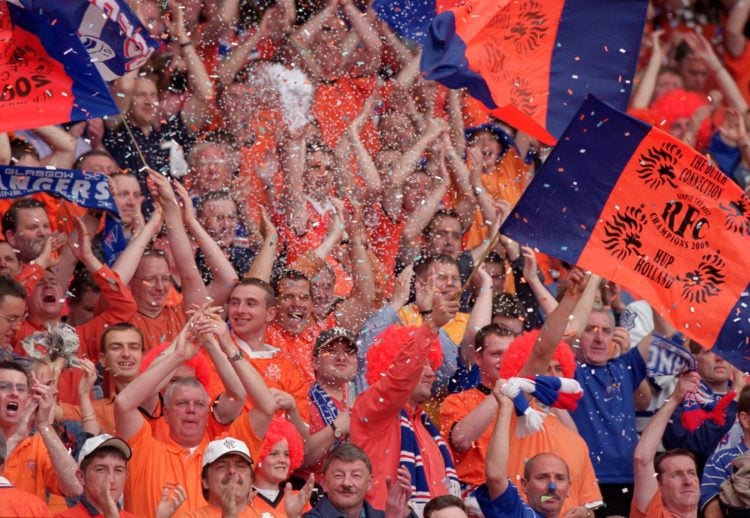 27 May 2000 : Rangers fans celebrate after the Scottish F.A Cup Final  against Aberdeen at Hampden Park,Glasgow,Scotland.Rangers won the match 4-0....