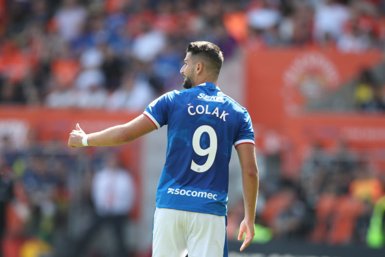 BLACKPOOL, ENGLAND - JULY 16: Antonio-Mirko Colak of Rangers reacts to a disallowed goal during the Pre-Season Friendly match between Blackpool and...