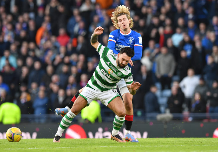 GLASGOW, SCOTLAND - FEBRUARY 26: Sead Hakasabanovic of Celtic is challenged by Todd Cantwell of Rangers during the Viaplay League Cup Final between...