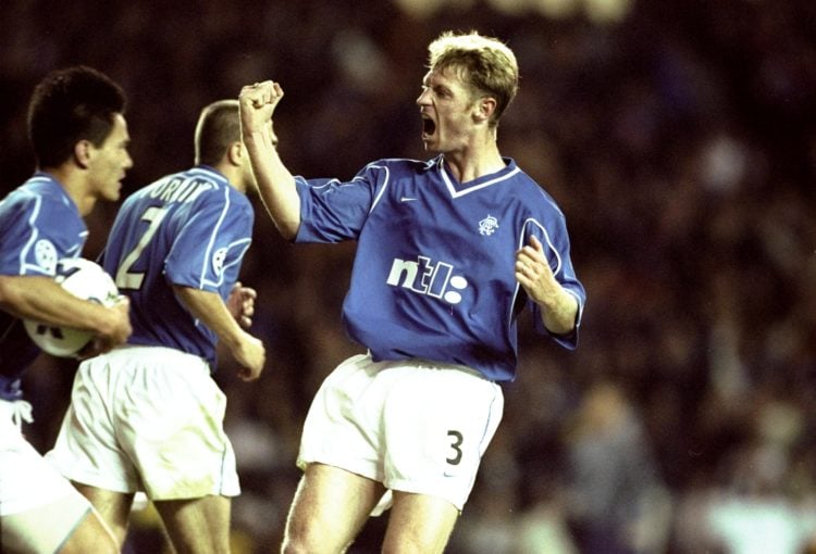 26 Oct 1999:  Craig Moore of Rangers celebrates scoring during the Champions League match against Valencia played at Ibrox Stadium in Glasgow, Scot...