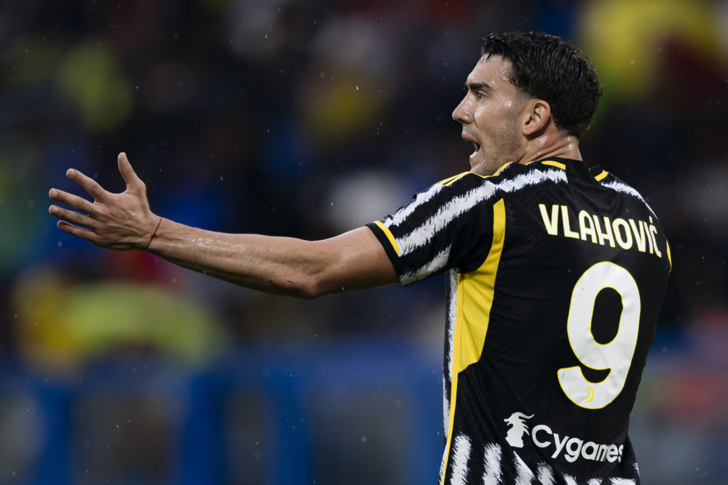 Dusan Vlahovic of Juventus FC gestures during the Serie A