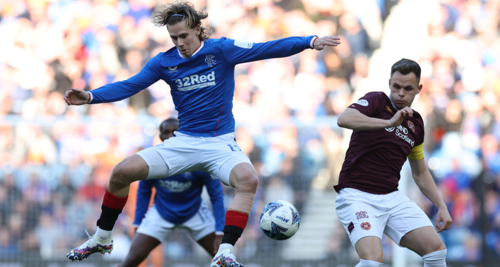 Lawrence Shankland (R) during Rangers v Heart of Midlothian - Cinch Scottish Premiership