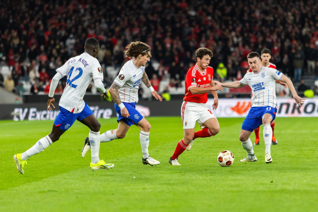 Mohamed Diomand (L) Fabio Silva (L2) of Rangers, Joao Neves
