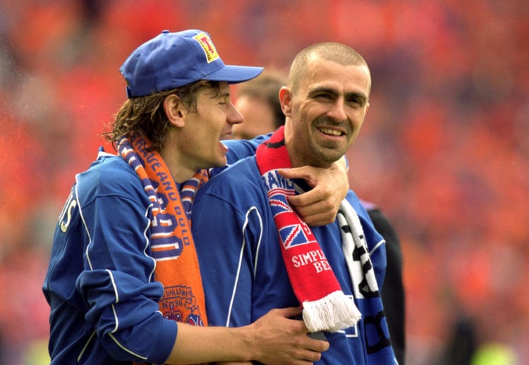 27 May 2000:  Rangers players Andrei Kanchelskis with hat on and Sergio Porrini celebrate beating Aberdeen after the Scottish Cup Final at Hampden ...