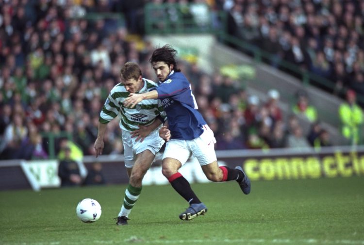 2 Jan 1998:  Marco Negri of Rangers (right) and Tom Boyd of Celtic chase the ball during the Scottish FA Premier Leauge match at Celtic Park in Gla...