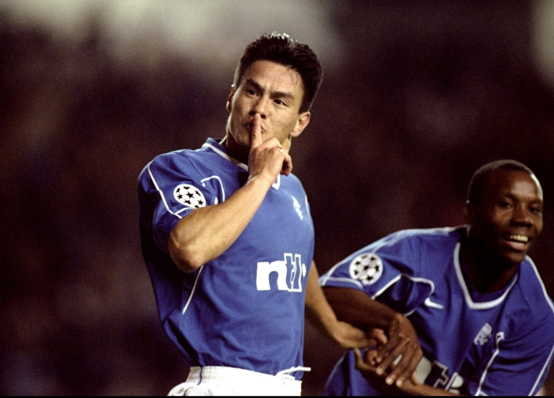 20 Oct 1999: Michael Mols of Rangers celebrates his goal against PSV Eindhoven in the UEFA Champions League Group F match at Ibrox in Glasgow. Ra...