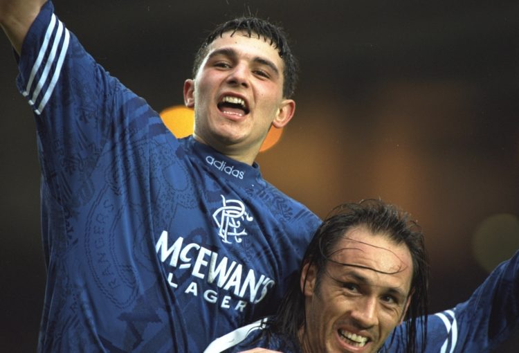 30 Oct 1994:  Mark Hateley and Charlie Miller of Rangers celebrate during a Scottish League match against Celtic at Ibrox Stadium in Glasgow, Scotl...