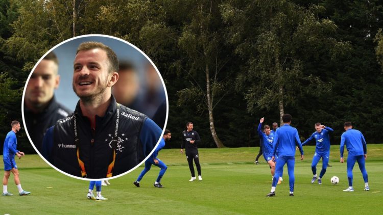 Rangers' players take part in a training session at Murray Park, in Auchenhowie, on the outskirts of Glasgow, on September 6, 2022. Inset, Andy Hal...