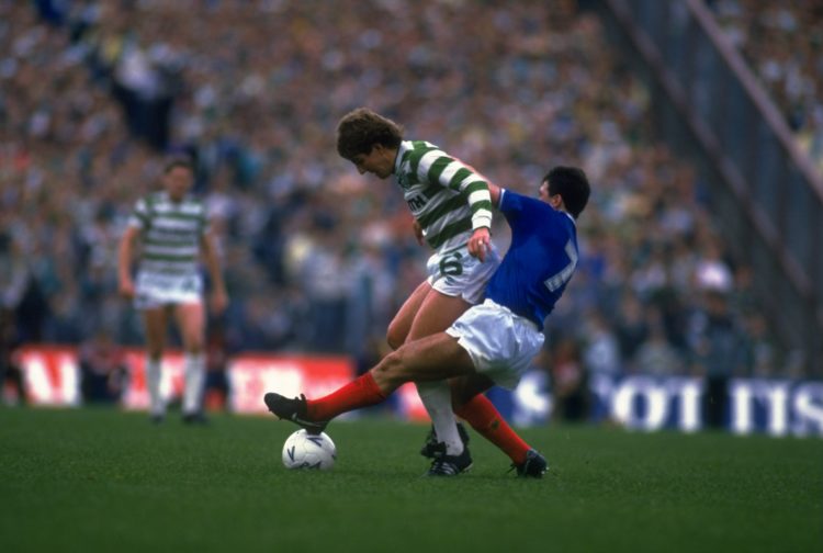 1986:  Derek Ferguson #7 of Rangers tries to take the ball away from McGhee #6 of Celtic during the Skol Cup final match in Scotland. Rangers won t...