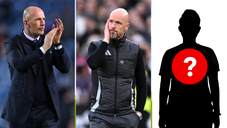Split image of Philippe Clement (L), Erik Ten Hag (R) and a silhouette with a question mark
