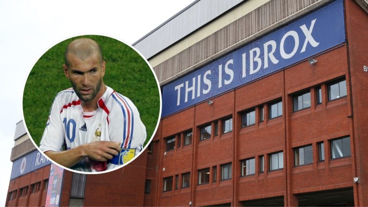 Ibrox Stadium. Inset, Zinedine Zidane.