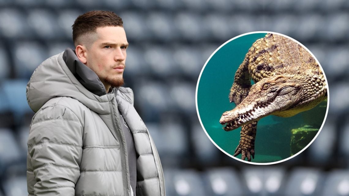 Ryan Kent of Rangers inspects the pitch prior to the Scottish Cup. Inset, a crocodile diving.