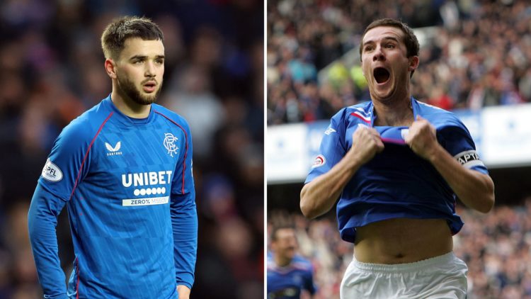 Split image of Barry Ferguson of Rangers celebrating after scoring, and Nicolas Raskin of Rangers seen during the William Hill Premiership match