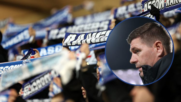 Image of Rangers fans with circular inset of Steven Gerrard (R)