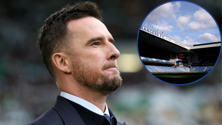 Inset image of (L) Rangers interim manager Barry Ferguson ahead of facing Celtic and (R) a general view of Ibrox Stadium before a game against Lyon.