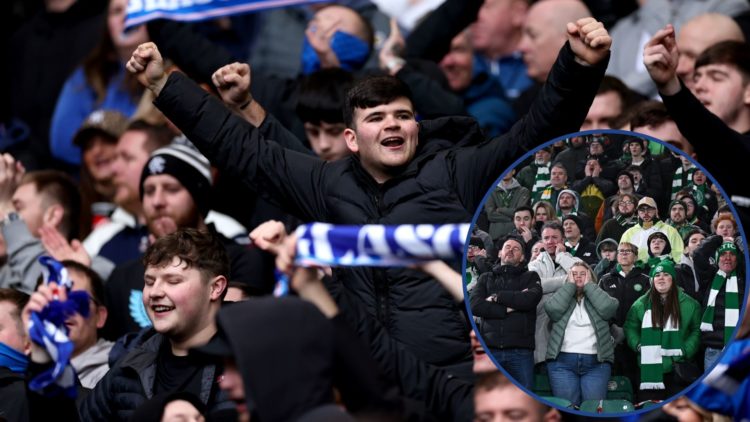 Main image of Rangers fans (L) with circular inset (R) of Celtic fans.