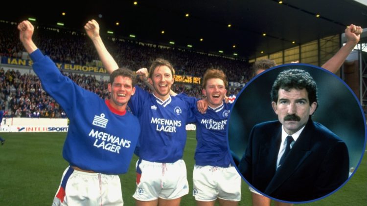 Image of Ian Durrant, Gary Stevens and Stuart McCall at Ibrox with an inset of Graeme Souness (R).