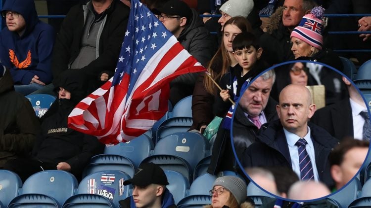 Image of Rangers fans at Ibrox with a USA flag and an inset (R) of Rangers CEO Patrick Stewart.