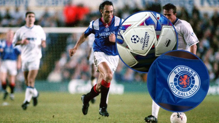 Image of Mark Hateley playing for Rangers against Leeds United with two circular insets of a Rangers flag and Champions League football.