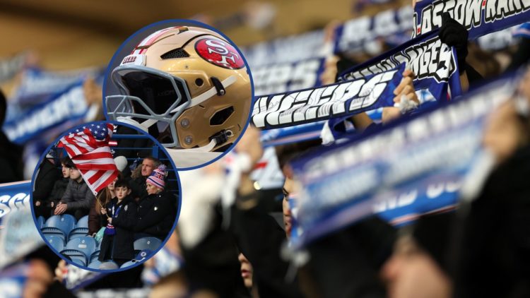 Image of Rangers fans with two inset circle images of a Rangers fan with a USA flag (L) and San Francisco helmet (R).