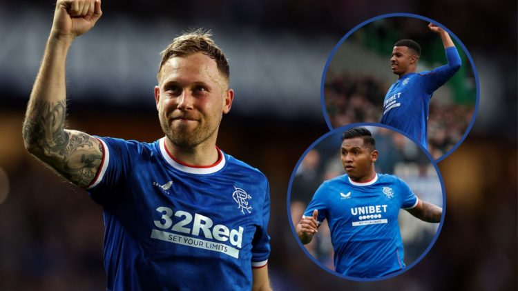 Main image, Arfield of Rangers is seen at full time during the Cinch Scottish Premiership match between Rangers and Heart of Midlothian at Ibrox St...