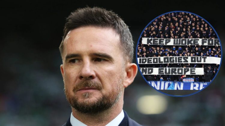 Picture of Barry Ferguson with inset of Rangers fan banner v Fenerbahce,