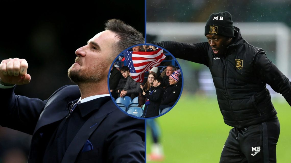 Split of Barry Ferguson and Marvin Bartley with inset of Rangers fan waving American flag.