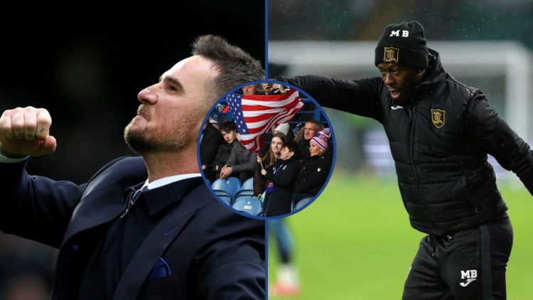 Split of Barry Ferguson and Marvin Bartley with inset of Rangers fan waving American flag.