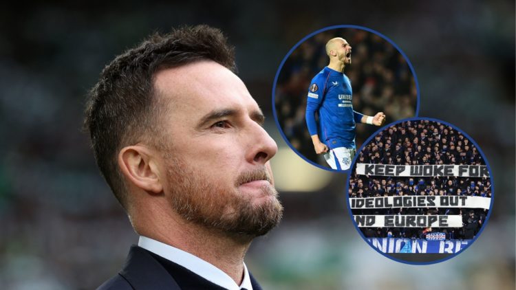 Pictute of Barry Ferguson with insets of Vaclav Cerny and Rangers fan banner v Fenerbahce.