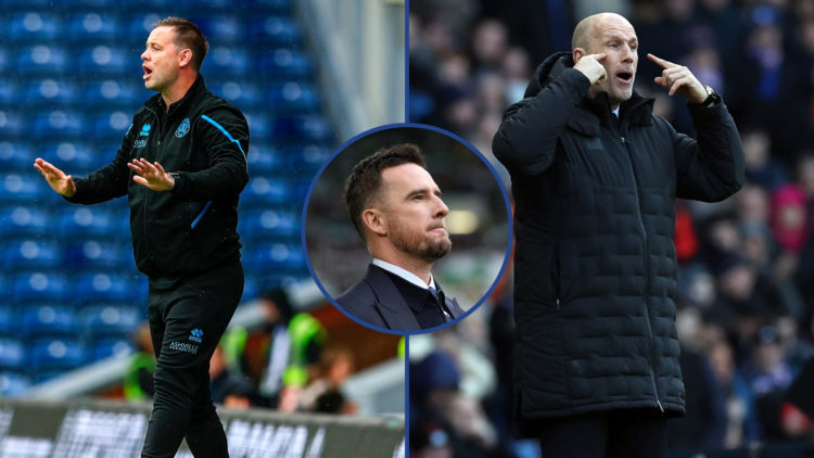 Split image with a central inset: Mark Beale (left), Philippe Clement (right), and Barry Ferguson (centre).