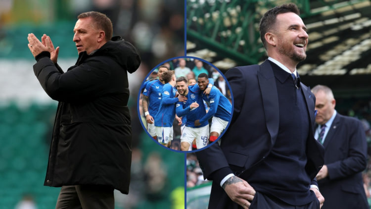 Split image with a central inset of Brendan Rodgers (left), Barry Ferguson (right), and Rangers players celebrating (centre).