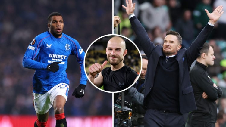 Split image of Dujon Sterling and Barry Ferguson celebrating, with a central inset featuring Vaclav Černý.