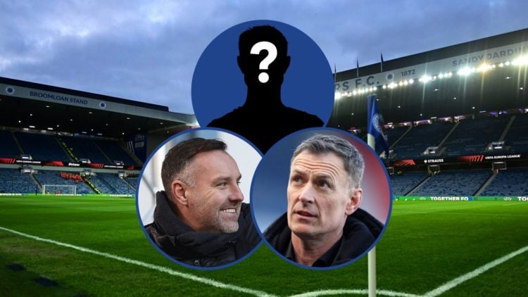 Kris Boyd, Chris Sutton and mystery man all inset centre with Ibrox in background