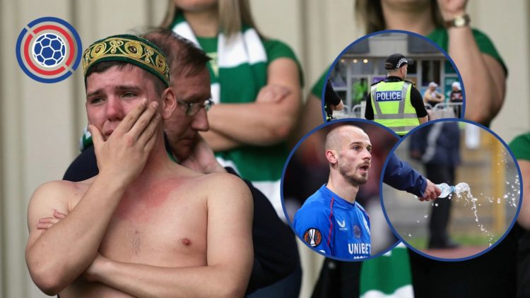 Image of Celtic fan being upset at Fir Park in 2005 with insets of Vaclav Cerny, a water bottle and police scotland.