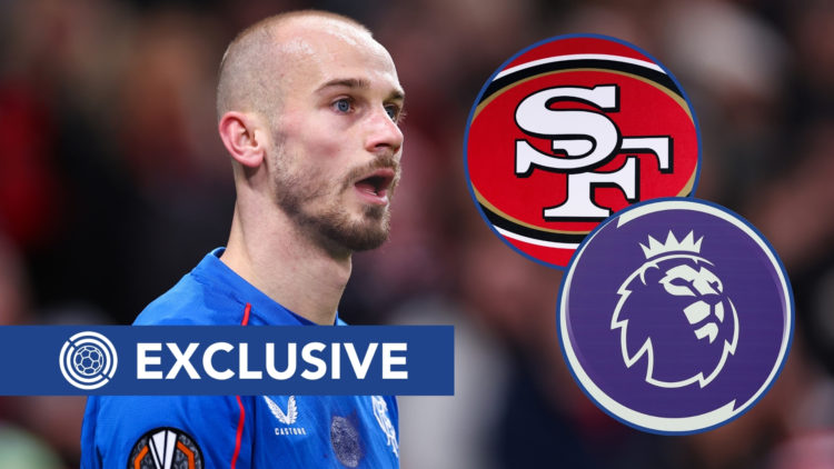 Rangers News Exclusive: Image of Václav Černý during a Europa League match, with an inset of the Premier League logo and the San Francisco 49ers ba...