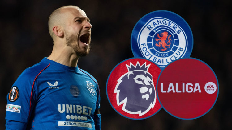 Vaclav Cerny of Rangers FC celebrates after scoring a penalty with three insets of the Rangers badge, Premier League badge and La Liga badge