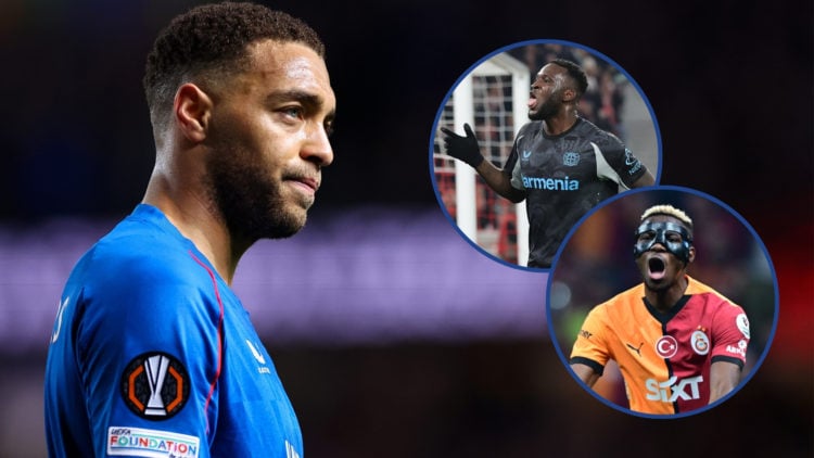 Cyriel Dessers of Rangers during the UEFA Europa League, with insets of Victor Osimhen and Victor Boniface.