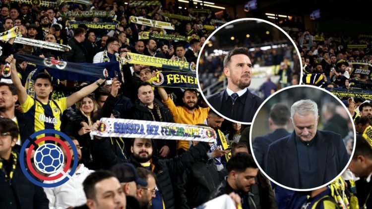 Image of Fenerbahce fans at the Şükrü Saracoğlu Stadium with insets of Fenerbahce manager Jose Mourinho and Rangers counterpart Barry Ferguson.