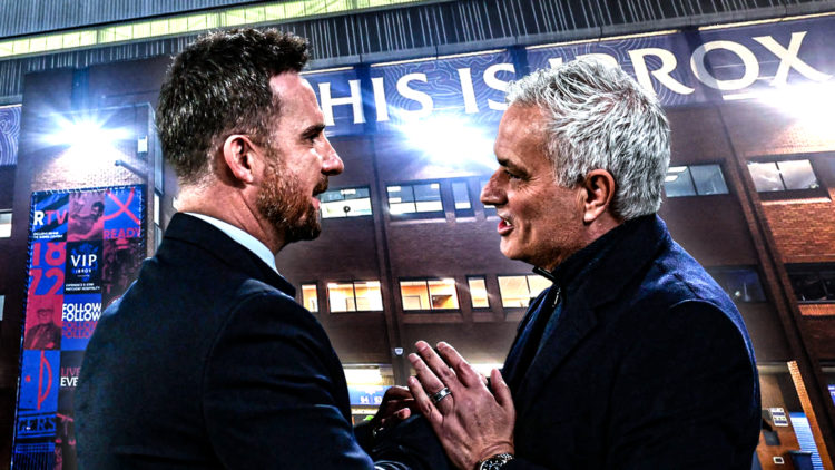 Barry Ferguson shakes hands with Jose Mourinho, Ibrox in the background