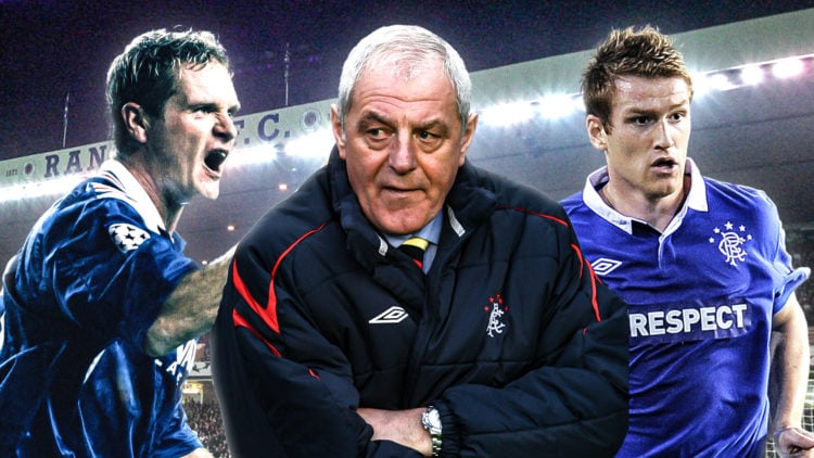 Paul Gascoigne, Walter Smith and Steven Davis with interior of Ibrox in background