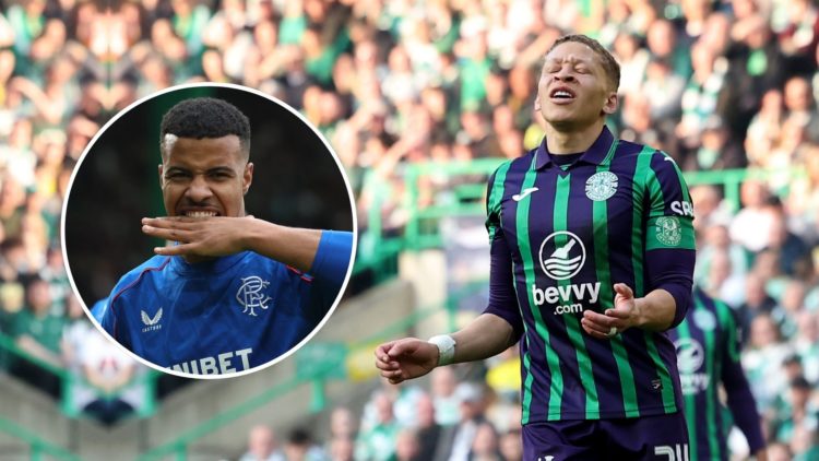 Dwight Gayle of Hibernian reacts during the Scottish Gas Scottish Cup Quarter-Final match between Celtic. Inset, Hamza Igamane.
